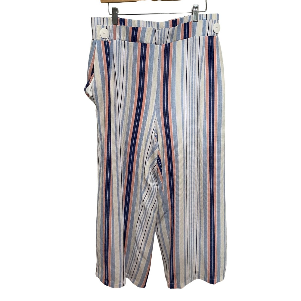 Studio JPR Womens XL Wide Leg Crop Pants Blue Pink Striped Nautical Button Trim - Picture 1 of 11